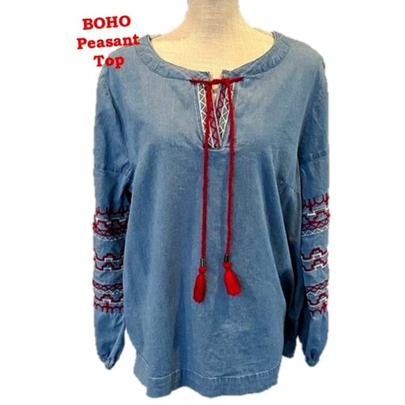 BROOKE SHIELDS Denim Boho Peasant Shirt - M - Picture 1 of 12